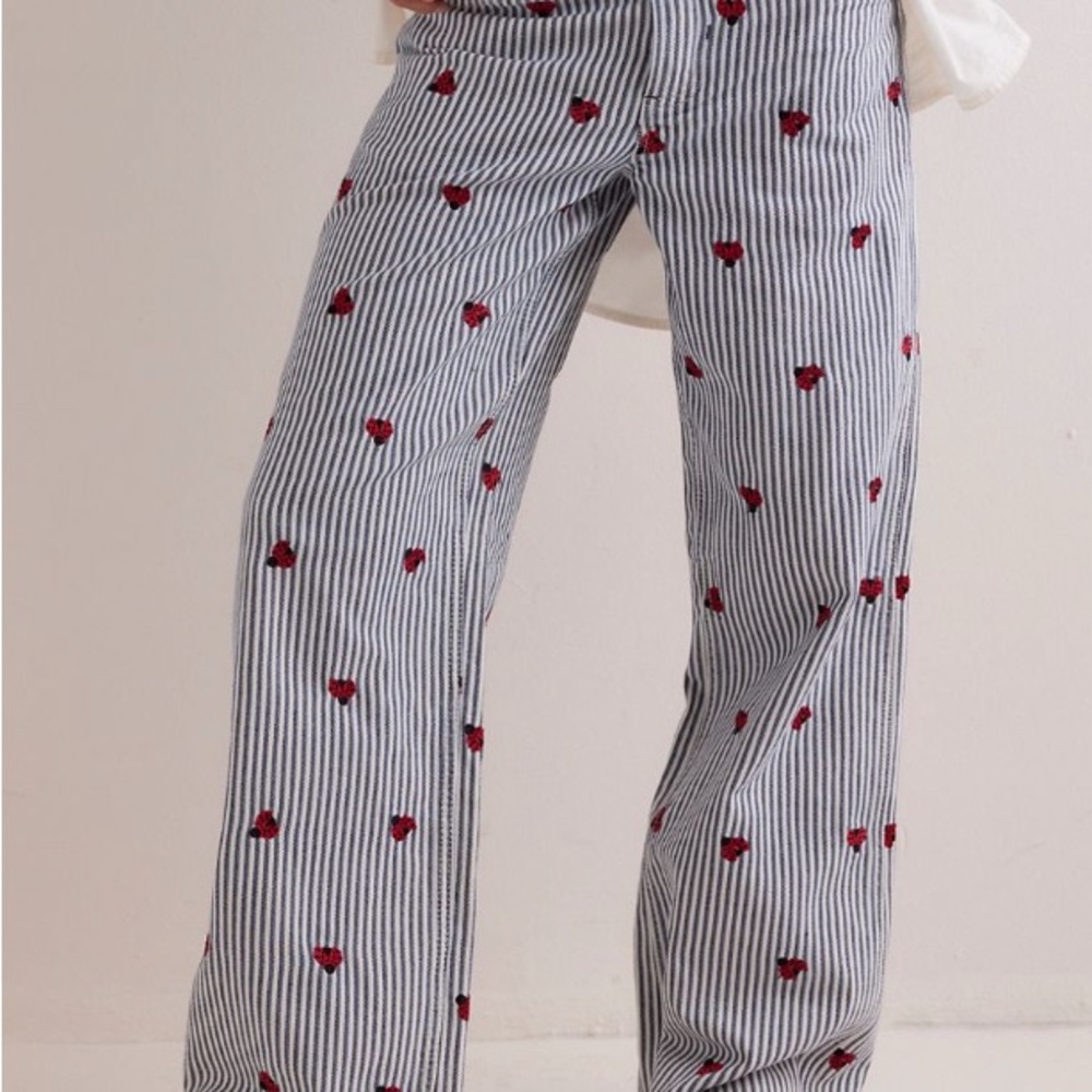 We The Free Black and White Striped Pants with lady bugs